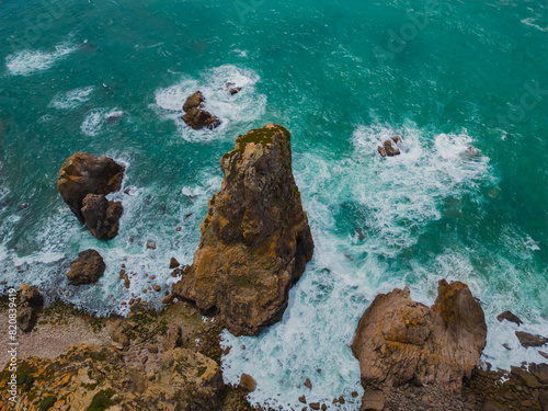 Cabo da Roca is the westernmost cape of the Eurasian continent, located in Portugal. Drone view. photo