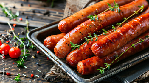 Metal tray with delicious smoked sausages and thyme 