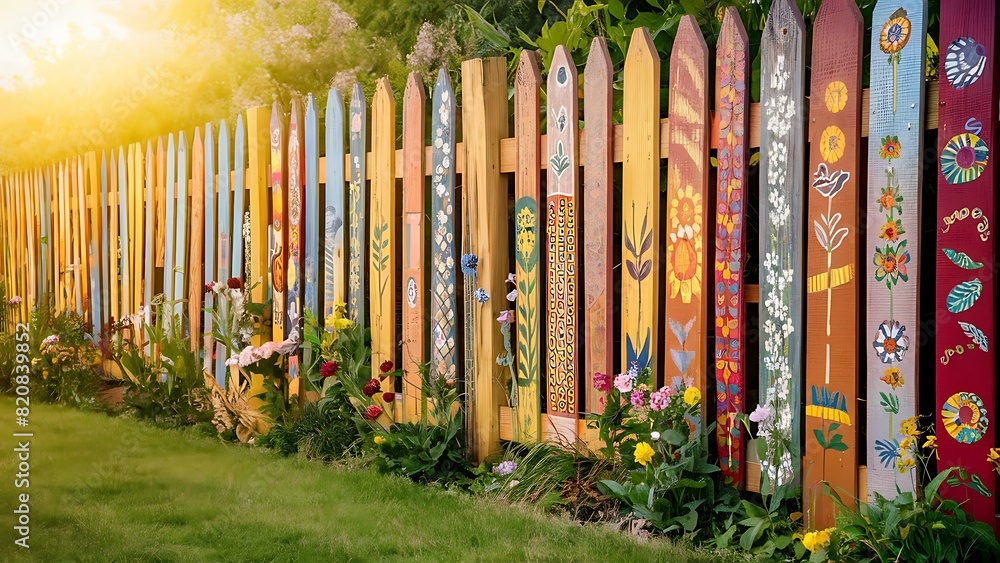 Fototapeta premium Colourful rows of a wooden painted fence