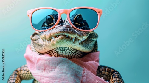 A cool alligator wearing sunglasses and a pink scarf.