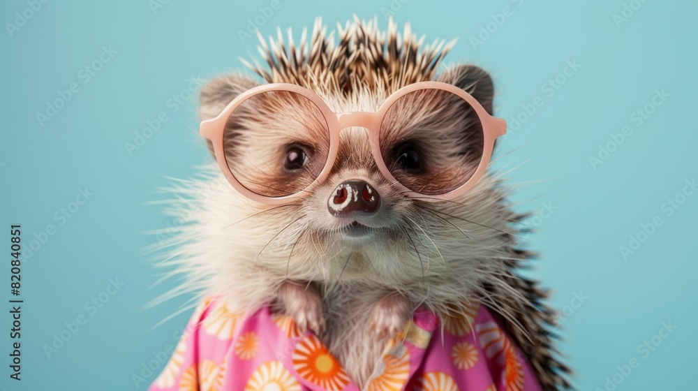 A cute and stylish hedgehog wearing pink plastic glasses and a pink and blue tropical shirt on a blue background. A cute and stylish hedgehog wearing pink plastic glasses and a pink and blue tropical shirt on a blue background.
