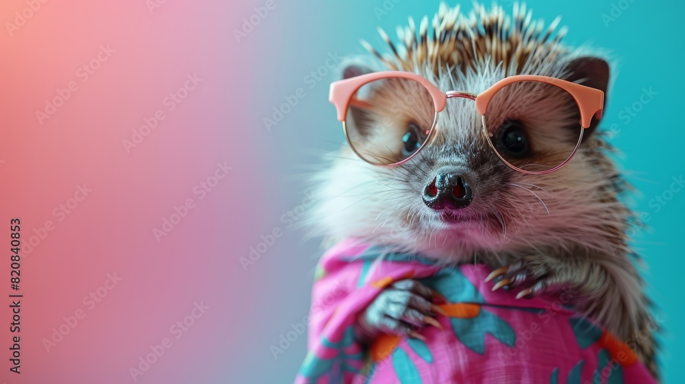 A cute and stylish hedgehog wearing glasses and a colorful scarf is looking at the camera.