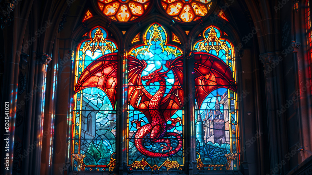 red dragon with extended wings inside a cathedral's stained glass windows, with colored painted glass, and a castle in the background. Epic medieval fantasy tale with mythological animal. red dragon with extended wings inside a cathedral's stained glass windows, with colored painted glass, and a castle in the background. Epic medieval fantasy tale with mythological animal.