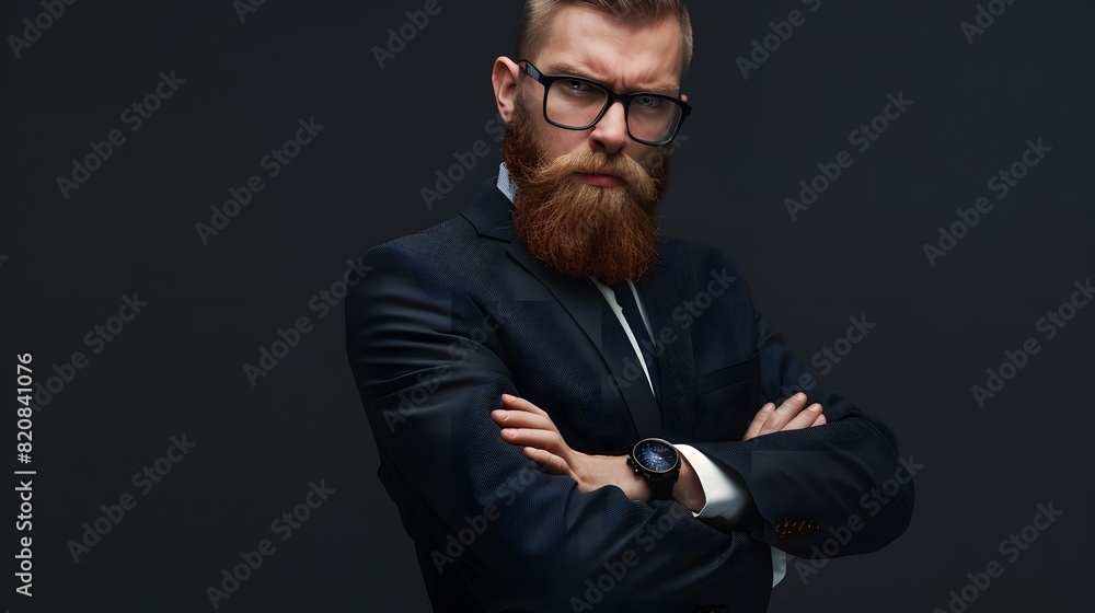 Confident young man with a stylish beard and glasses wearing a suit, arms crossed, looking serious against a dark background.