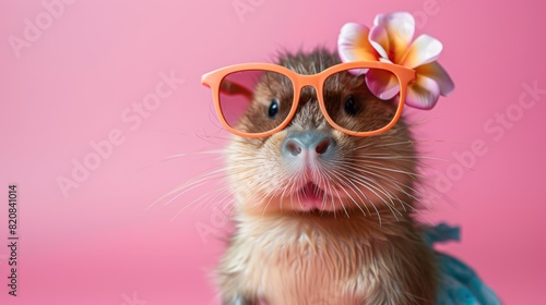 A cute capybara wearing sunglasses and a flower on its head, with a pink background. photo