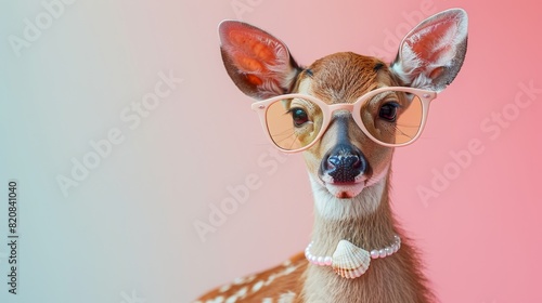 A cute deer wearing glasses and a pearl necklace is looking at the camera with a surprised expression on its face.