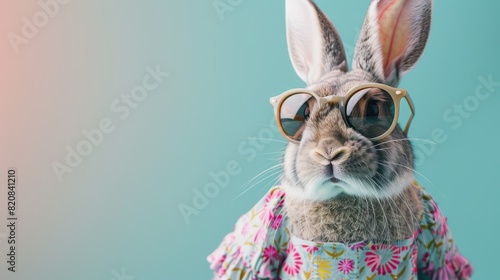 A cool rabbit wearing sunglasses and a hawaiian shirt is the perfect companion for your next beach day. photo