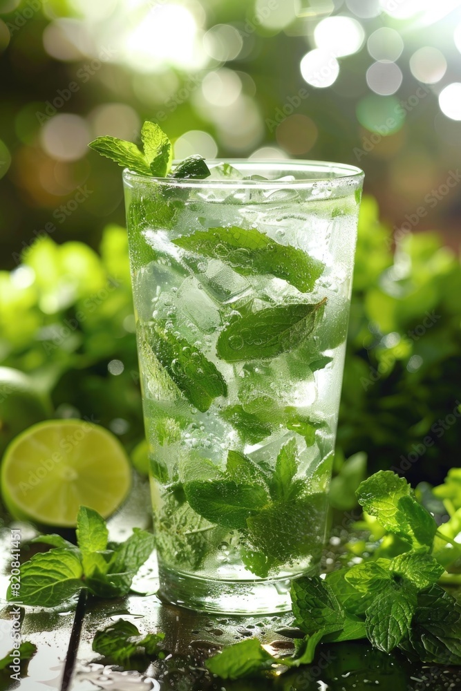An invigorating mint mojito cocktail, garnished with fresh lime and mint leaves An invigorating mint mojito cocktail, garnished with fresh lime and mint leaves