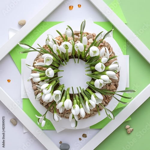 Creative layout made with snowdrop flowers on a bright background with white frame spring minimal concept flat lay top view