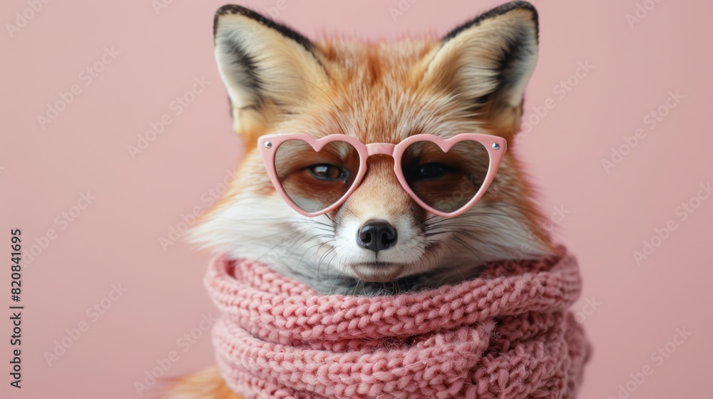 A cute fox wearing heart-shaped glasses and a pink scarf is looking at the camera. A cute fox wearing heart-shaped glasses and a pink scarf is looking at the camera.