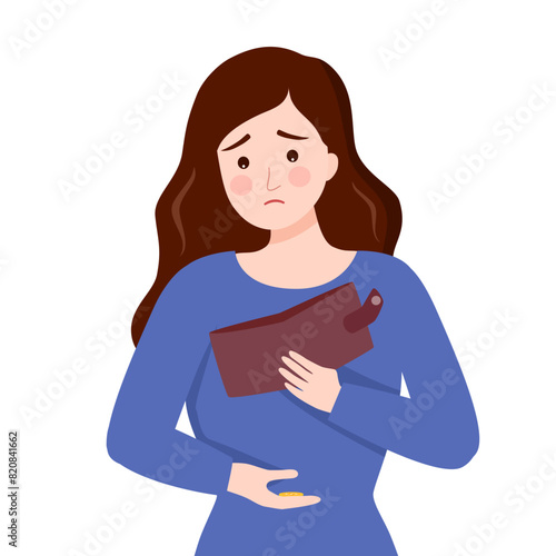 Sad woman has no money. Empty wallet in flat design.