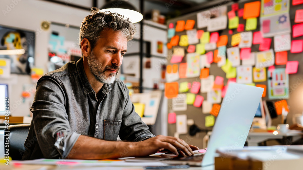 A mature man working on a laptop in a modern office, surrounded by colorful sticky notes. He appears focused and engaged in his task. A mature man working on a laptop in a modern office, surrounded by colorful sticky notes. He appears focused and engaged in his task.