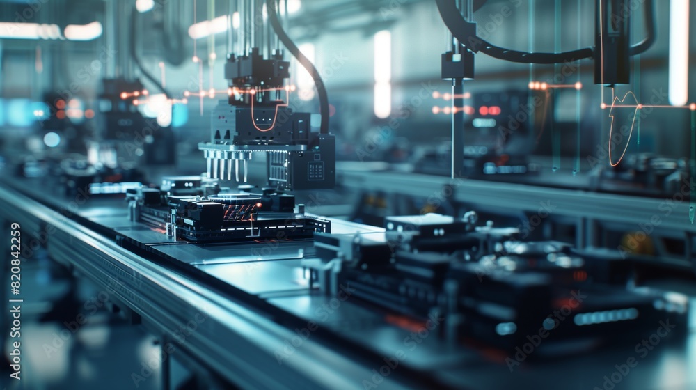 Soft focus on a group of industrial 3D printers creating components, interconnected by a network grid representing the flow of digital instructions and feedback, high-tech manufacturing facility with Soft focus on a group of industrial 3D printers creating components, interconnected by a network grid representing the flow of digital instructions and feedback, high-tech manufacturing facility with