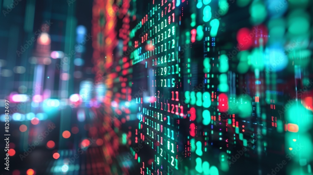 A photograph of a digital screen, displaying rapidly changing stock market prices, abstract blur effect, vibrant green and red numbers. Background is a futuristic cityscape with neon lights. Cool A photograph of a digital screen, displaying rapidly changing stock market prices, abstract blur effect, vibrant green and red numbers. Background is a futuristic cityscape with neon lights. Cool