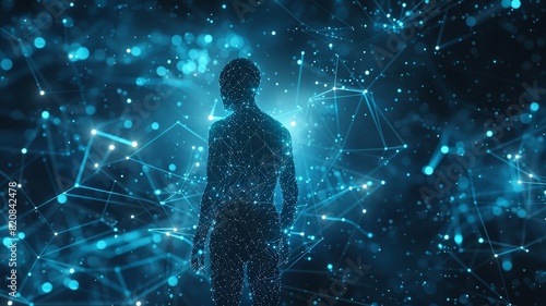 Network nodes glow on a human outline against a tech backdrop