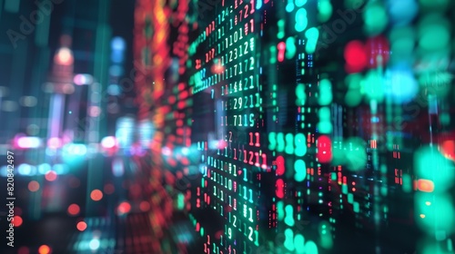 Wallpaper Mural A photograph of a digital screen, displaying rapidly changing stock market prices, abstract blur effect, vibrant green and red numbers. Background is a futuristic cityscape with neon lights. Cool Torontodigital.ca