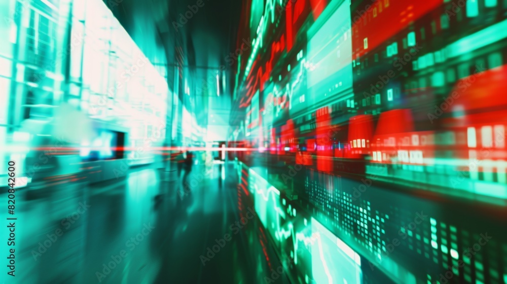 A stylized photograph of a digital screen, rapidly changing stock market prices, abstract blur, sharp contrasts of green and red. Background is a minimalist modern office, sleek design elements. Cool A stylized photograph of a digital screen, rapidly changing stock market prices, abstract blur, sharp contrasts of green and red. Background is a minimalist modern office, sleek design elements. Cool