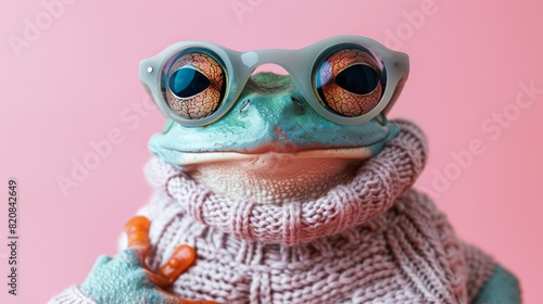 A green frog wearing glasses and a pink scarf is sitting on a pink background. The frog is looking at the camera with a serious expression.