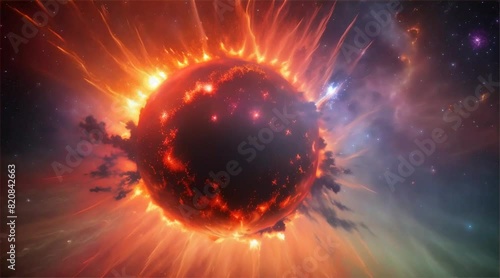 dramatic 4K animation of fiery planet exploding, with debris and energy radiating outwards into cosmos photo