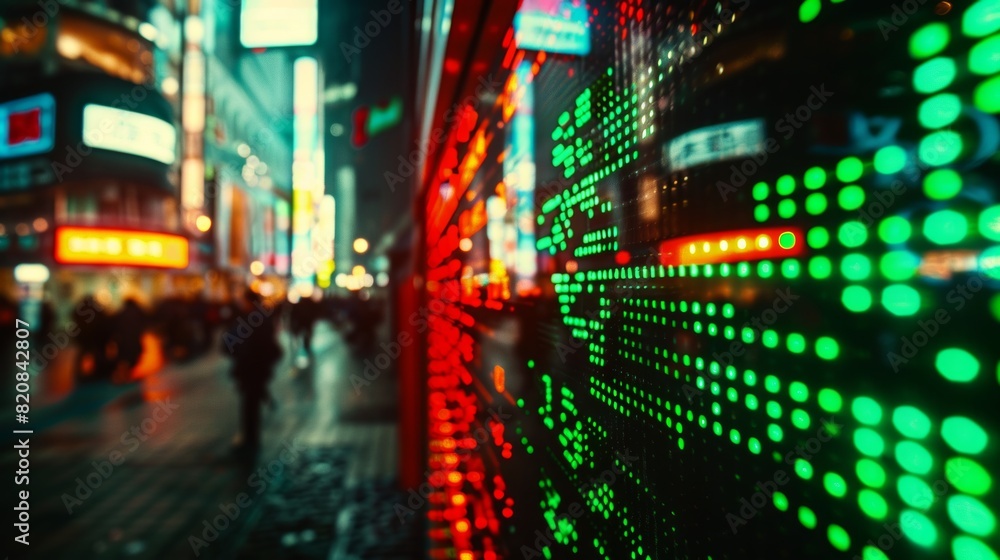 Naklejka premium An abstract image of a digital screen, stock market prices in constant motion, intense blur, bright green and red numbers. Background is a cyberpunk-themed city with digital billboards. Dark tones