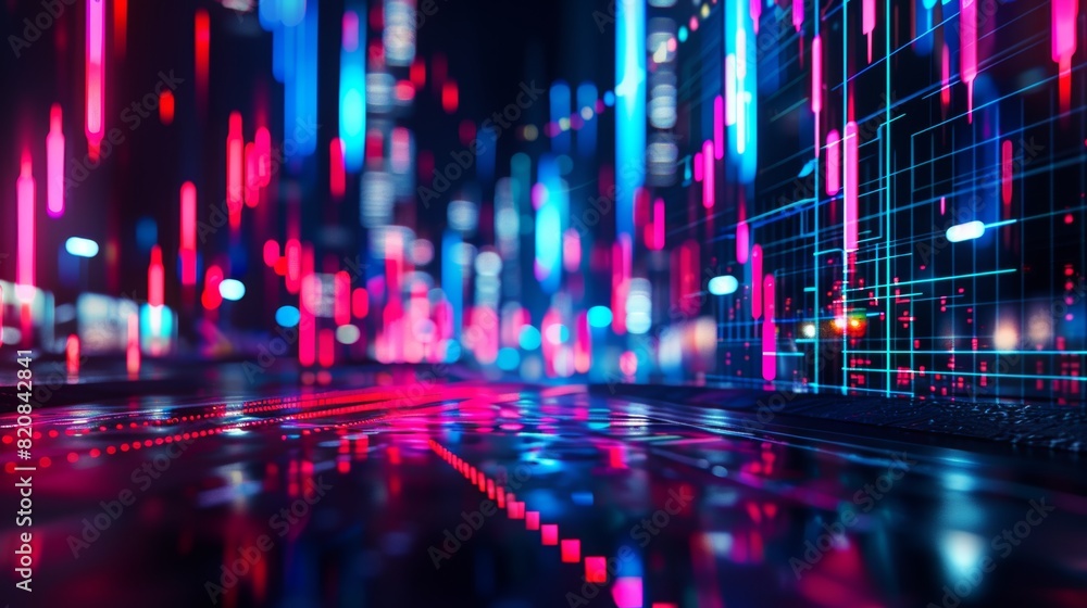 Blurry digital screen showing fast-moving stock market prices, symbolizing the dynamics of online trading and e-commerce analytics, neon colors against a dark backdrop, sense of urgency and constant Blurry digital screen showing fast-moving stock market prices, symbolizing the dynamics of online trading and e-commerce analytics, neon colors against a dark backdrop, sense of urgency and constant