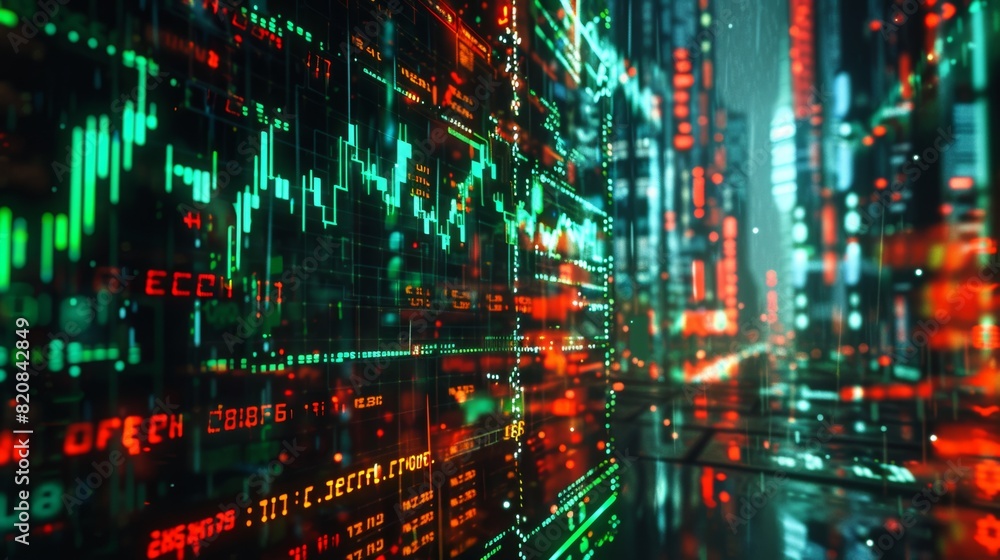 An abstract image of a digital screen, stock market prices in constant motion, intense blur, bright green and red numbers. Background is a cyberpunk-themed city with digital billboards. Dark tones