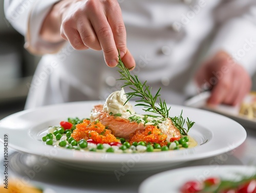 A chef is preparing a dish with a white plate and a garnish of parsley. The dish is a salmon fillet with a creamy sauce and peas. The chef is carefully adding the parsley to the dish