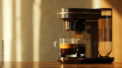 Modern coffee machine pouring milk into glass cup on countertop in kitchen
