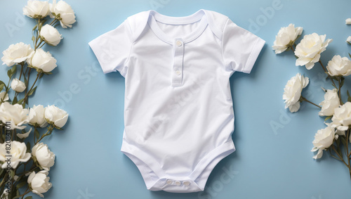 white flowers baby in bodysuit on a blue background