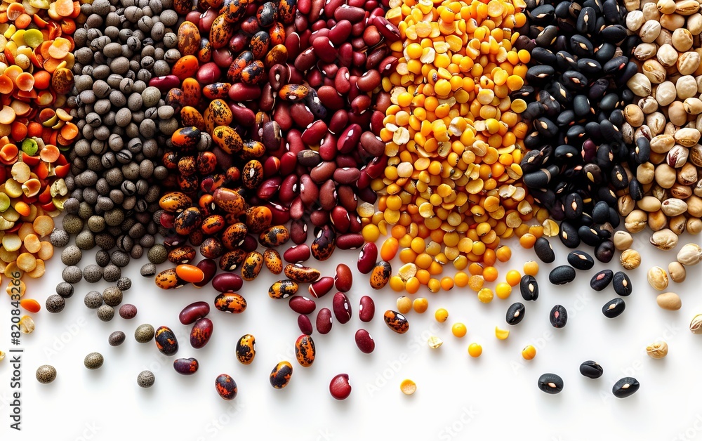 Frame variety of beans and legumes are spread out on a white background. The beans are of different colors and sizes, creating a visually interesting and diverse display Frame variety of beans and legumes are spread out on a white background. The beans are of different colors and sizes, creating a visually interesting and diverse display
