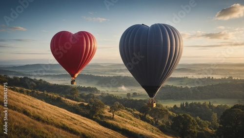 Heart-shaped hot air balloon floating over scenic landscape - Love in the Air.