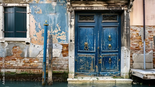 Worn blue Venetian door on the bank of the canal with brass door knocker, pole to moor the gondolas alongside, ancient wall of a luxury building