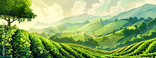 Panel kuchenny z motywem The landscape of an agricultural tea plantation located on the mountain ranges.