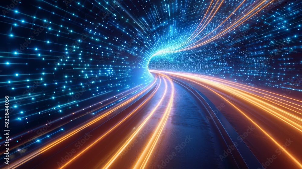 Obraz premium Hypersonic Highway, A Glowing Vortex of Data Represents Unparalleled Speed Abstract background