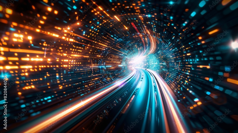 Obraz premium Hypersonic Highway, A Glowing Vortex of Data Represents Unparalleled Speed Abstract background