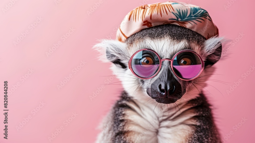 A lemur wearing sunglasses and a hat is looking at the camera with a serious expression. The lemur is sitting on a pink background. A lemur wearing sunglasses and a hat is looking at the camera with a serious expression. The lemur is sitting on a pink background.