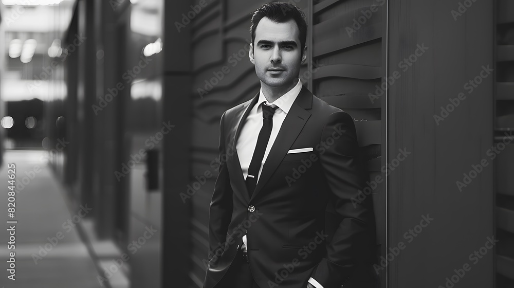 Confident young man in a business suit stands against a modern building looking determined, emphasizing professionalism and urban lifestyle. Confident young man in a business suit stands against a modern building looking determined, emphasizing professionalism and urban lifestyle.