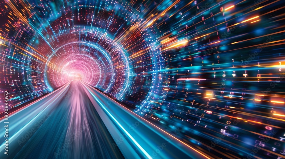 Obraz premium Hypersonic Highway, A Glowing Vortex of Data Represents Unparalleled Speed Abstract background
