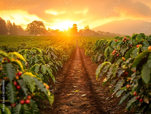 A field of coffee plants with a sun setting in the background. The sun is shining on the plants, making them look vibrant and healthy photo