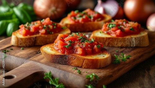 A wooden cutting board with several pieces of toasted bread covered in tomato sauce and herbs. Onions are placed around the cutting board adding extra flavor. photo