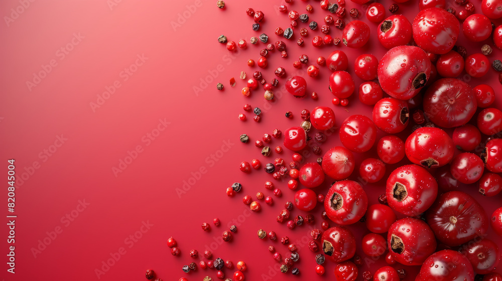 A close-up of fresh red peppercorns scattered on a vibrant red background, creating a colorful and textured image. A close-up of fresh red peppercorns scattered on a vibrant red background, creating a colorful and textured image.