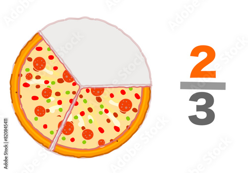 Fraction pizzas examples. Third two for three divide. slices whole halve 2, 3. cheap. Pie chart ratio infographic. Triplet eaten pizza slices, half remaining. Maths worksheet. Vector illustration photo