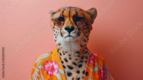 A photo of a cheetah wearing sunglasses and a hawaiian shirt.