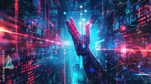 Illustration digital hand holding rising arrows in digital futuristic blue background. Generated AI