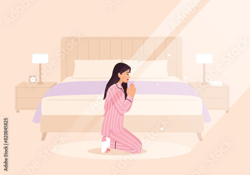 Vector illustration. In the morning the girl is on her knees, hands folded, and prays.