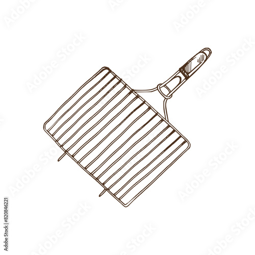 Hand-drawn monochrome vector sketch of barbecue grill, grill grate, BBQ grill grid. Doodle vintage illustration. Decorations for the menu of cafes and labels. Engraved image.
