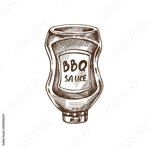 Hand-drawn monochrome vector sketch of bottle of barbecue sauce. Doodle vintage illustration. Decorations for the menu of cafes and labels. Engraved image.