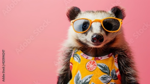 A photo of a honey badger, wearing sunglasses and a hawaiian shirt, on a pink background photo