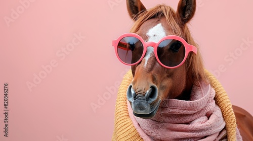 A photo of a horse wearing sunglasses and a scarf. The horse is looking at the camera with a serious expression. © admin_design
