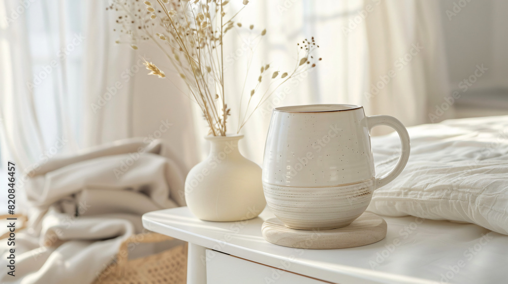 Ceramic mug on white bedside table indoors. Mockup 